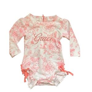 Ruffle Butts Swimsuit NWT Pink Toile Long Sleeve Rash Guard Embroidered Grace